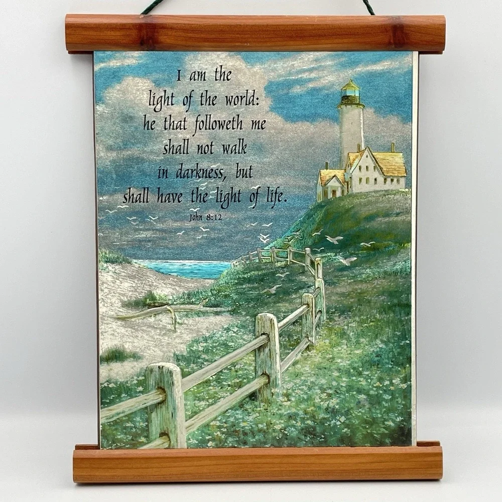 Vintage 1980s Christian Lighthouse Wall Hanging John 8:12 Foil‎ Art Plaque 9x7